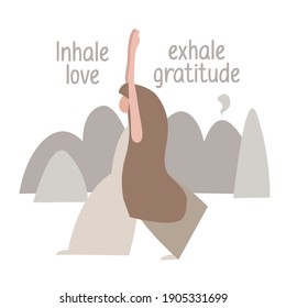 A wise phrase, lettering, the girl doing yoga. Mountain landscape. Vector illustration in a restrained range, pastel colors.