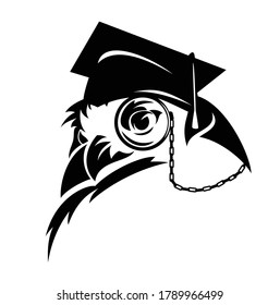 wise professor owl wearing eye glass and mortarboard cap - academic education black and white vector symbol