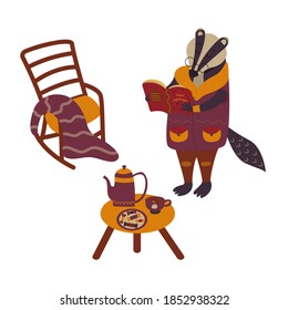 Wise raccoon with glasses is reading a book of ancient magic recipes. Rocking chair with a blanket. Table with a kettle, cup of tea and sweets on a plate. Isolated vector book illustration cartoon