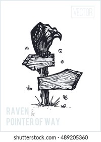 Wise raven sits on an old pointer of the way. Illustration. sketch drawn by hand with ink. Isolated vector. Vintage. design for Halloween