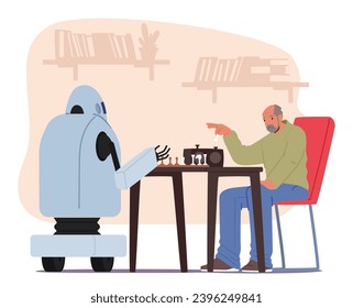 Wise Robot Engages In A Strategic Chess Match With Senior Character , Their Metallic Fingers Delicately Moving The Pieces On A Checkered Board In A Captivating Game. Cartoon People Vector Illustration