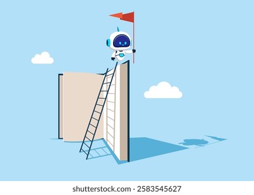 Wise robot on the top of the book. Education or knowledge steps to success, learning or study for skill development to achieve technology and business success. Flat vector illustration