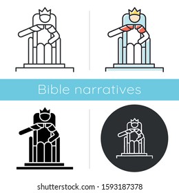 Wise Ruling Solomon Bible story icon. Jerusalem king sitting on throne. Religious legend. Biblical narrative. Glyph, chalk, linear and color styles. Isolated vector illustrations