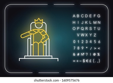 Wise Ruling Solomon Bible story neon light icon. Jerusalem king sitting on throne. Religious legend. Biblical narrative. Glowing sign with alphabet, numbers and symbols. Vector isolated illustration