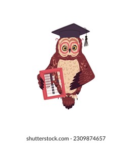 Weiche, schmale Eule im Studentenverschluss mit Abacus, flache Vektorgrafik einzeln auf weißem Hintergrund. Cartoon-Charakter von Vögeln für Bildung und Schulbanner.