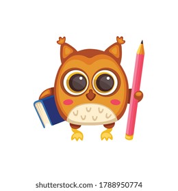 Wise smart school owl bird cartoon character with book and pencil flat vector illustration isolated on white background. School education and knowledge symbol.