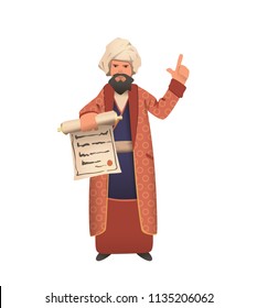 Wise vizier in white turban showing scroll and giving speech. Fairy tale character. Flat vector illustration. Isolated on white background.