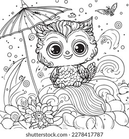 Wise and Whimsical: A Charming Owl with Sparkling Eyes, Grinning Contentedly While Clutching an Umbrella, Inviting Children to Add Colorful Magic to Its Playful Persona on a Coloring Book Page