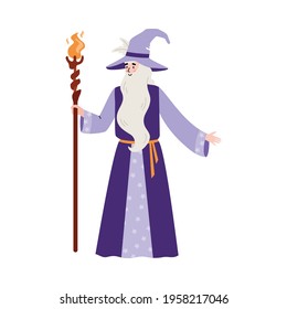 Wise wizard with beard hold magic staff with fire. Old magician man in hat and blue robe, fairy tale character. Flat cartoon vector illustration isolated on a white background.