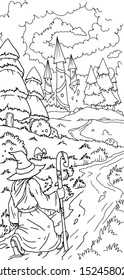 Wise wizard with magic staff, hat and mantle. Coloring book. Cartoon vector illustration