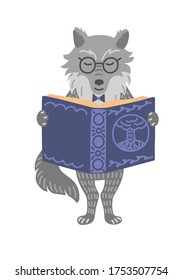 Wise wolf reading fairy-tale book. Storytelling, education, teaching. Children illustration.