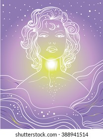 Wise woman between sea and starry sky, magic, sun, ancient science. Vector illustration