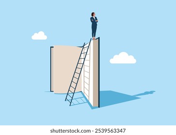 Wise woman on the top of the book. Education or knowledge steps to success, learning or study for skill development to achieve business success. Flat vector illustration