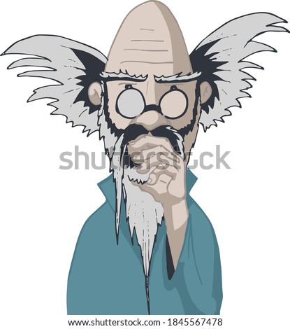 Wisely confused lunatic professor with long weird hair