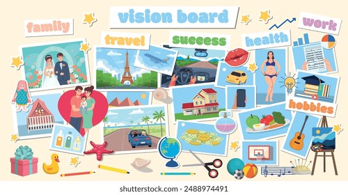 Wish board with pictures. Visualization of all aspects of a person. Family, travel, success, finances, health, work and hobbies. Vector illustration in flat cartoon style.