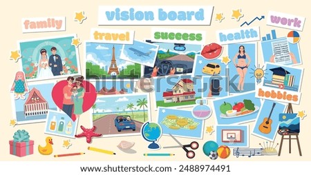 Wish board with pictures. Visualization of all aspects of a person. Family, travel, success, finances, health, work and hobbies. Vector illustration in flat cartoon style.