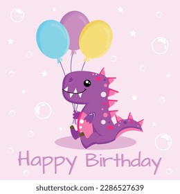 A wish card or poster with happy cartoon pink Dinosaur holding balloons, vector illustration