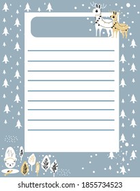 Wish or to do list.Daily planner or personal schedule in scandinavian doodle style.Winter holidays theme with snowflakes.Cute hand drawn animals in coniferous forest.Christmas or New year preparing