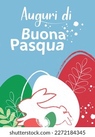 Wish Happy Easter holiday in italian text card, Easter eggs bunny as the color of the Italian flag - green, white, red