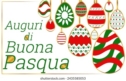 Desear Feliz Pascua en texto italiano Banner de saludo de Pascua, cartel, tarjeta de flyer. Huevos de Pascua colgando guirnaldas rojas, verdes, colores blancos Presentación de patrones, folleto, conjunto de plantillas, fondo.