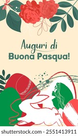 Wish Happy Easter holiday in Italian text card, Easter eggs bunny as the national color  flag of Italy green, white, red	