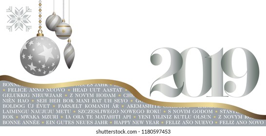 Wish a happy new year 2019, in several languages - translation text: happy new year. White and silver greeting card decorated with Christmas balls.