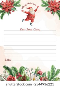 Wish letter to Santa Claus with Christmas flowers and fir tree branches from kids, perfect for festive holiday designs.