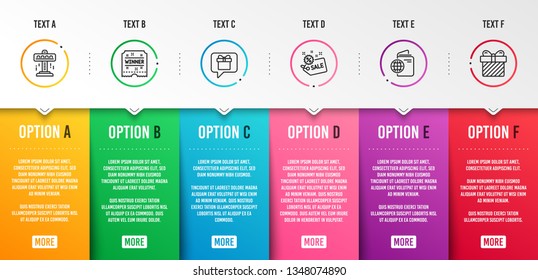 Wish list, Attraction and Winner ticket icons simple set. Travel passport, Sale and Surprise signs. Present box, Free fall. Holidays set. Infographic template. 6 steps timeline. Business options