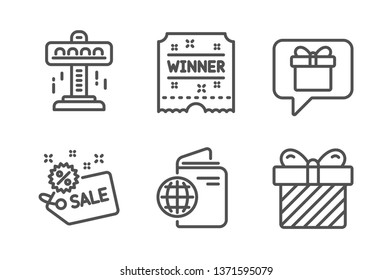 Wish list, Attraction and Winner ticket icons simple set. Travel passport, Sale and Surprise signs. Present box, Free fall. Holidays set. Line wish list icon. Editable stroke. Vector