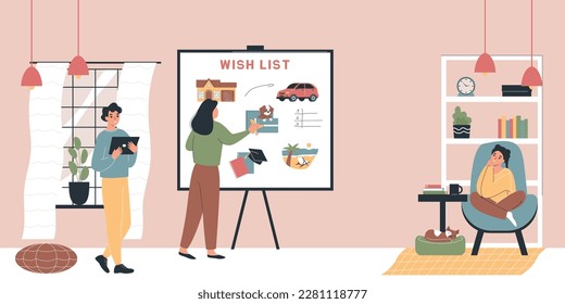 Wish list background with dream and gift symbols flat vector illustration