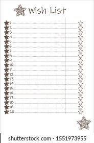 Wish list blank template for bullet journal, planner, scrapbooking do it yourself notepad. Decorated with stars and dotted lines, sketchy title. Isolated on white background stock vector.