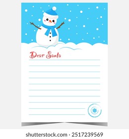 Wish list or Christmas letter to Santa Claus template. Blank postcard design with funny snowman to write a greeting or want list and to send it to the north pole during the winter holidays.