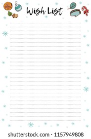 Wish List for Christmas. Christmas page with candy cane, mittens and dry orange, hand drawn elements. Printable page, vector illustration.