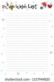 Wish List for Christmas. Christmas page with candy cane,  ornaments, candle, Christmas red hat, hand drawn elements. Printable page, vector illustration.