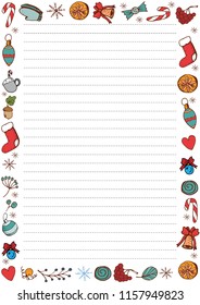 Wish List for Christmas. Christmas page with candy cane, cinnamon and cup of hot chocolate, hand drawn elements. Printable page, vector illustration.