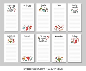 Wish List for Christmas. Christmas page with candy cane,  ornaments, candle, Christmas red hat, hand drawn elements. Printable page, vector illustration.