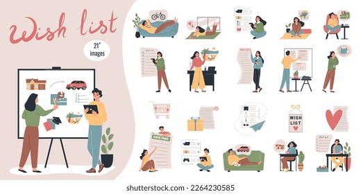 Wish list composition with dream determination symbols flat isolated vector illustration