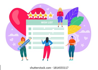 Wish list concept vector illustration. Checkout, sale, e-commerce, delivery of gifts on christmas, new year. Plan for holiday shopping. Checklist, notes in paper notebook. Motivation or goal wishlist.