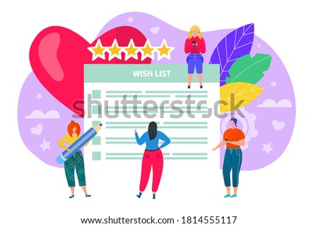 Wish list concept vector illustration. Checkout, sale, e-commerce, delivery of gifts on christmas, new year. Plan for holiday shopping. Checklist, notes in paper notebook. Motivation or goal wishlist.