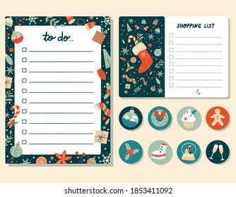 Desear plantillas decoradas en la lista. Conjunto de elementos vintage escandinavos de Navidad y Año Nuevo para tarjetas de felicitación, notas, pegatinas, etiquetas, etiquetas. Vacaciones por hacer, revisar lista de regalos, agenda, planificadores 