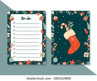 Wish list decorated templates. Set of vintage Christmas and New year elements for greeting card. Hand drawn doodles decoration, pattern, ornaments. Holidays to do, check list for gifts, wish, shopping