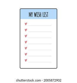 Wish list element for bullet journal. Page template with hearts. Wishlist. Vector illustration isolated on white background.