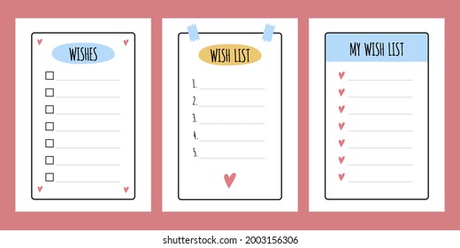 Wish list elements for bullet journal. Page template with check boxes and numbers. Wishlist. Vector illustration isolated.
