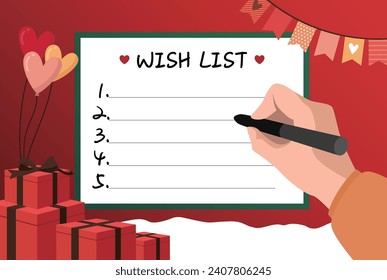 Wish list flat vector illustration. Notebook sheet page with festive decorations. Hand holding a pen and write down goals or a wish list.