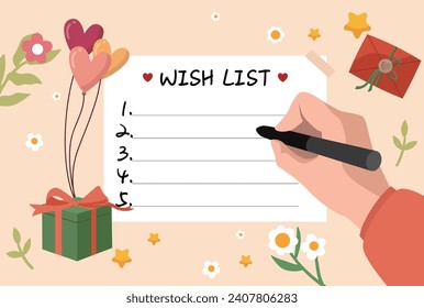 Wish list flat vector illustration. Notebook sheet page with festive and flower decorations. Hand holding a pen and write down goals or a wish list.