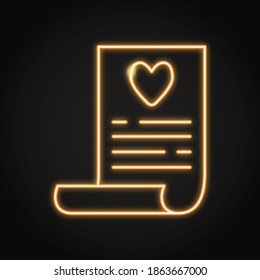 Wish list icon in neon line style. Paper document with heart symbol. Vector illustration.