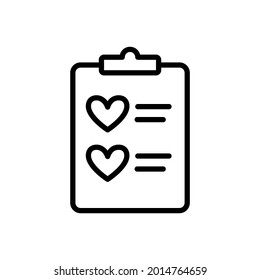 Wish list icon in simple outline design. Wishlist with hearts in clipboard. Vector illustration isolated on white background. Editable stroke.