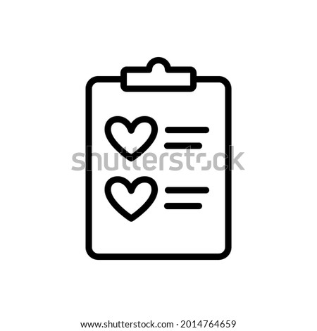 Wish list icon in simple outline design. Wishlist with hearts in clipboard. Vector illustration isolated on white background. Editable stroke.