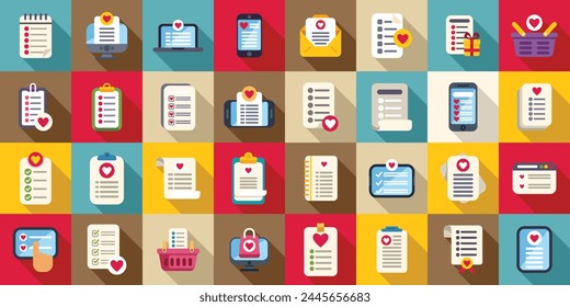 Wish list icons set flat vector. Winter post. Paper read gift card