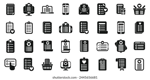 Wish list icons set simple vector. Winter post. Paper read gift card